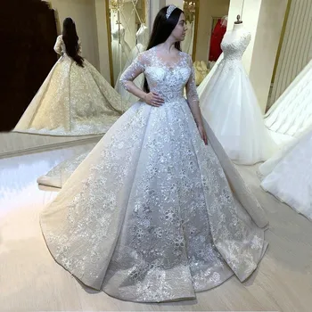 Arapça Dantel Gelinlikler Aplike Uzun Kollu Fildişi O Boyun Gelin Elbiseler 2022 Evlenmek Müslüman Dubai Prenses Beyaz düğün elbisesi