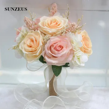 Fildişi Düğün Buket Gelinler Tutan Pembe Çiçekler İpek Gül Nedime Buketleri Kurdele ile ramos de flores para novias