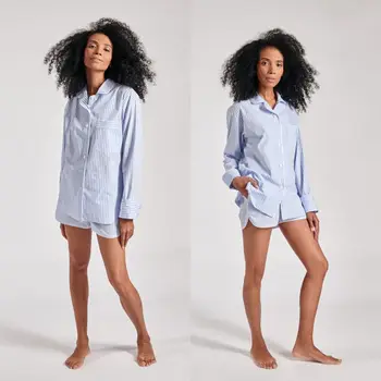 Kadın Bathgowns Zarif Mavi Çizgili Gece Elbiseler İki Parçalı Lingeries Kadın Uzun Kollu kısa pantolon pijama