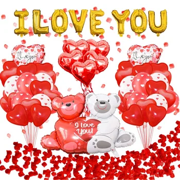 Sevgililer Süslemeleri, Oyuncak Ayı Balon 1000 Kırmızı Gül Yaprakları Seti, Seni Seviyorum Afiş Balonlar sevgililer Günü İçin