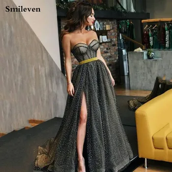 Smileven Mütevazı Siyah Abiye 2021 Bir Çizgi Glitter Tül Seksi Balo Abiye Robe de mariee Akşam Parti Elbiseler