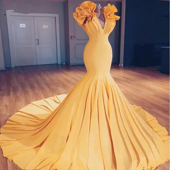 Zarif V Yaka Mermaid balo kıyafetleri Sarı Pileli Ruffles Omuz Örgün Akşam Partisi Törenlerinde Custom Made Elbiseler De Soirée